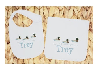 Personalized Baby Bib and Burp Cloth Set: Mallard Duck Embroidery