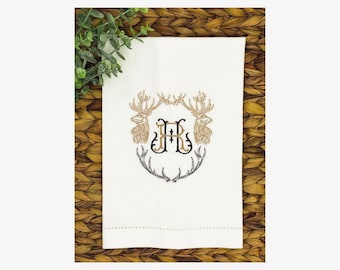 Embroidered Antler Monogram Linen Guest Towel, Rustic Stag Head