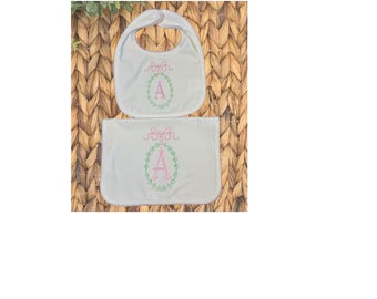 Embroidered Baby Bib & Burp Cloth Set – Personalized Initial Monogram