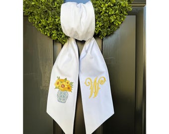 Personalized Sunflower Wreath Sash: Embroidered Monogram, Blue Chinoiserie Vase