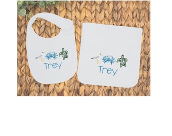 Embroidered Sea Life Baby Bib and Burp Cloth Set - Personalized Gift