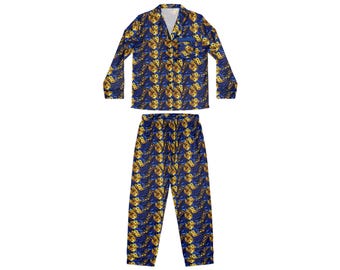 Pijama de lujo azul y dorado / Ropa de estar por casa de seda para hombre y mujer / Pijamas con estampado de diseñador