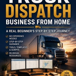 Puede incluir: Portada del libro "Cómo inicié un negocio de despacho de camiones desde casa". La portada presenta un camión en una carretera, una configuración de oficina en casa con monitores de computadora y texto que destaca las características para principiantes.