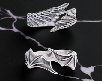 Anillo de alas de ángel y dragón: joyería de fantasía gótica, anillos de plata ajustables