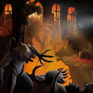 May include: A digital illustration depicting multiple dark, horned creatures with sharp claws in a ruined stone structure. The scene is illuminated by a bright, glowing light source held by a figure in the background against an orange sky.