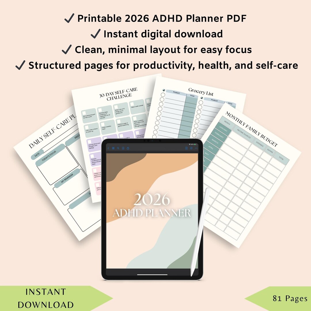 2026 ADHD Planner Printable PDF – Daily Weekly Monthly Organizer & Self ...