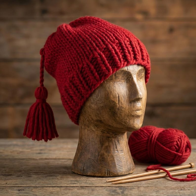 Vertical ribbed knit red beanie with a tassel displayed on a wooden head. The image highlights the stretchy ribbed texture and handmade quality with yarn and needles in the background.