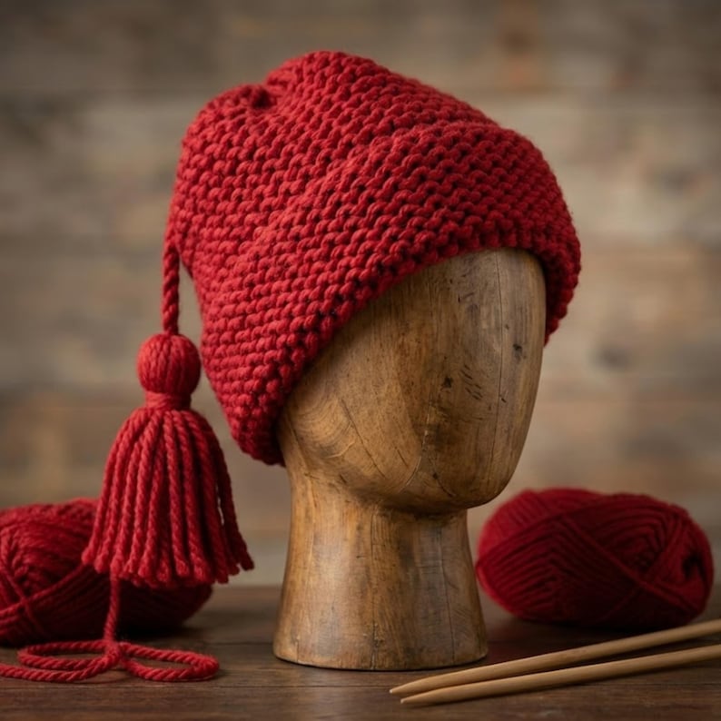 Studio shot of a thick red yarn beanie with tassel on a hat display stand, set against a rustic wooden background with knitting supplies.