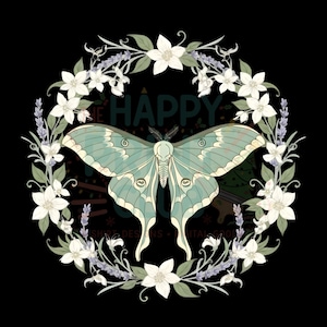 May include: A teal and cream-colored moth illustration with intricate wing details, centered within a floral wreath of white flowers and lavender sprigs. The words "THE HAPPY" are visible in the background, set against a black backdrop.