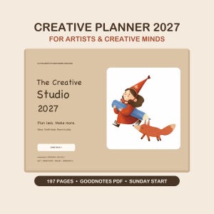 May include: A 2027 digital creative planner featuring the text Creative Planner 2027 For Artists & Creative Minds. The interface displays The Creative Studio 2027, Plan less. Make more., and an illustration of a person in a red hat carrying a blue pencil with a fox.