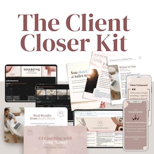 May include: An image showcasing "The Client Closer Kit" with various digital documents and devices. The kit includes a tablet, laptop, and smartphone displaying website interfaces and documents with text like "Real Results" and "1:1 Coaching". The color scheme is primarily white, pink, and black.