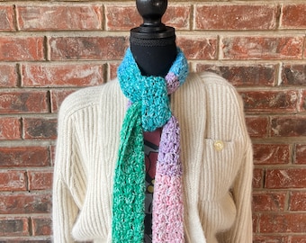 Vintage Crochet Scarf • Pastel Neapolitan Knit • 70s 80s Handmade Color Block Scarf
