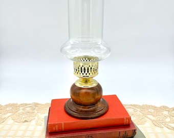 Vintage Cornwall Hurricane Candle Holder With Brass and Wood Base