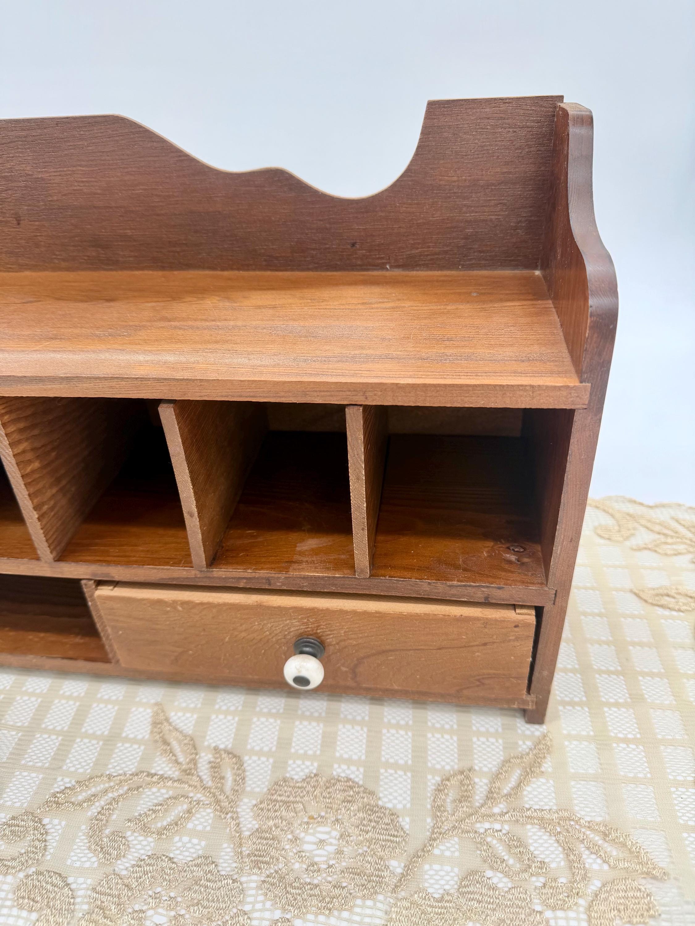 Vintage Wooden Desktop Organizer – Wall Mail Shelf With Cubbies, Drawer ...