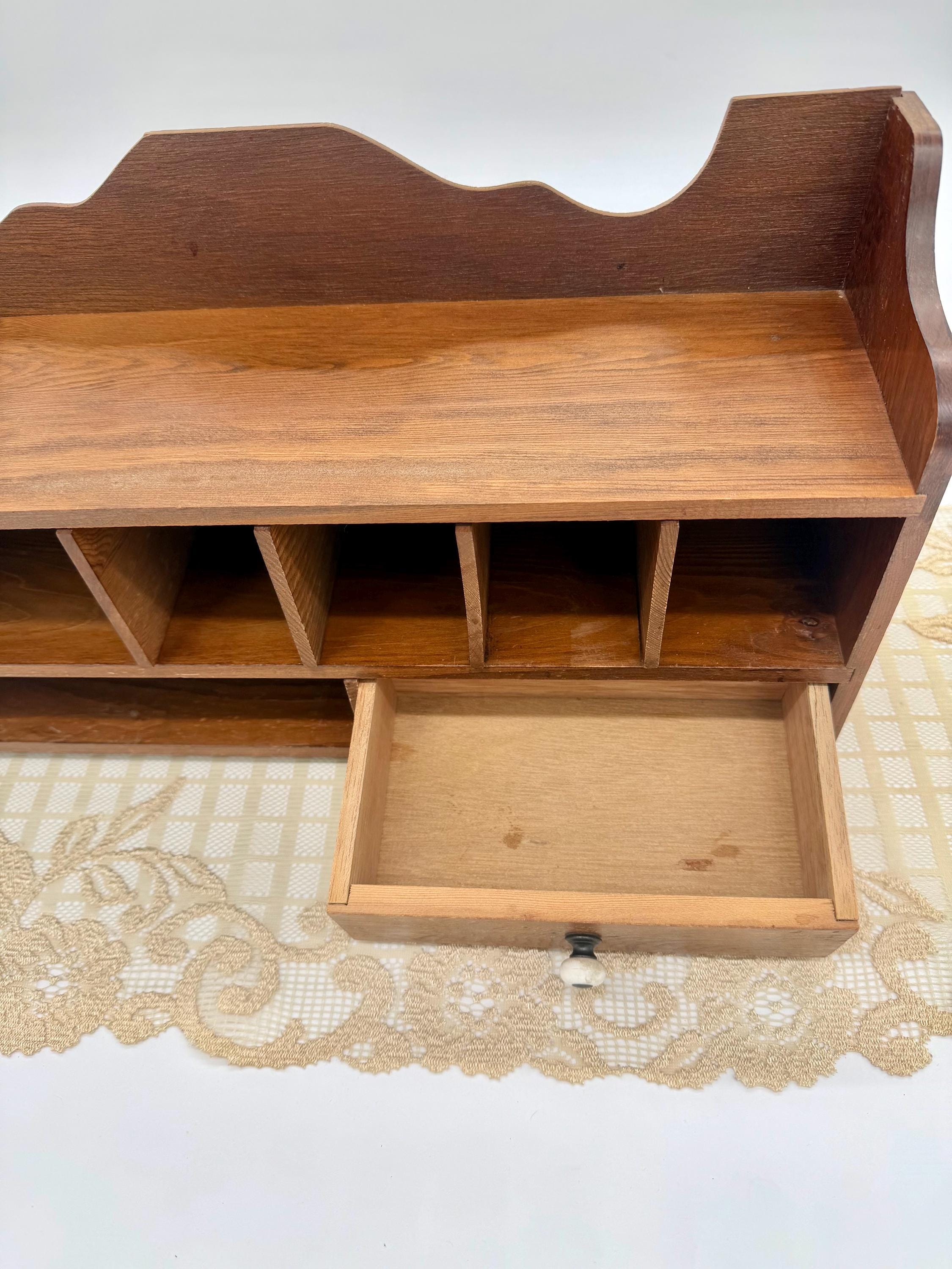 Vintage Wooden Desktop Organizer – Wall Mail Shelf With Cubbies, Drawer ...