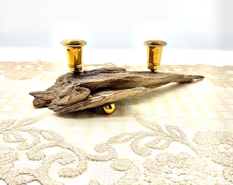 Vintage Mid Century Gnarly Driftwood Brass Candlestick Holder Center Piece Candle Taper