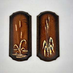 Set of 2 Vintage Brass Cattail 3D Wall Sculpture - MCM Art - Mid Century Modern Wall Decor