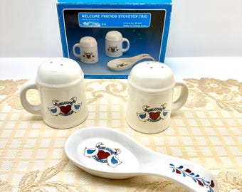 Welcome Friends Stovetop Trio - Goose Salt and Pepper Shakers and Spoon Rest - Grandmacore Kitchen