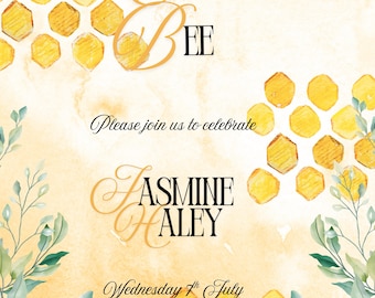 May include: A baby shower invitation with a watercolor design. The invitation features the text "Mommy to Bee" and "Please join us to celebrate Jasmine Haley". The date and time are also included.