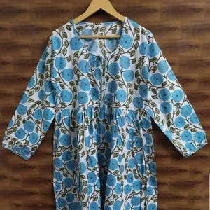 Floral Hand Block Print Cotton Midi Dress - Deep Neck Summer Dress