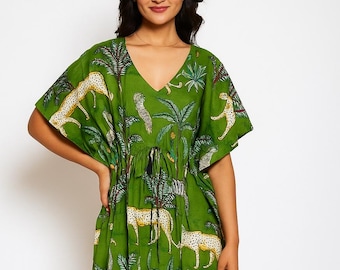 Magnifique caftan 100 % pur coton | Peignoir caftan en coton à imprimé jungle | Robe d'été bohème | Maxi robe de nuit faite main | Cadeau pour elle