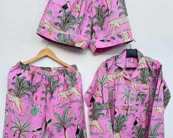 Rosa pyjamasset med safari- och djungelmönster | Djurmönstrade pyjamasar med gepard, zebra och tukan | Set med skjort- eller shorts