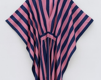 Women’s Pink & Navy Striped Kaftan Dress – Boho Maxi Dress, Resort Wear Cover Up, Summer Beach Kaftan, Loose Fit Vacation Outfit”