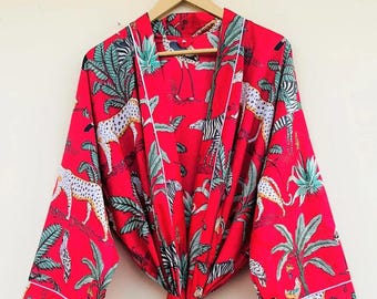 Bata tipo kimono de algodón: bata de baño con estampado floral en bloques, ideal para playa