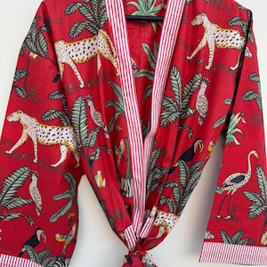 Red Jungle Print Cotton Robe for Women Tiger Leopard Bird Print Lounge Wear | Tie Waist Robe