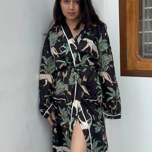 Handmade Women Kimono Boho Bathrobe Dress, Beachwear Comfy Tiger Print Robes pattern 02