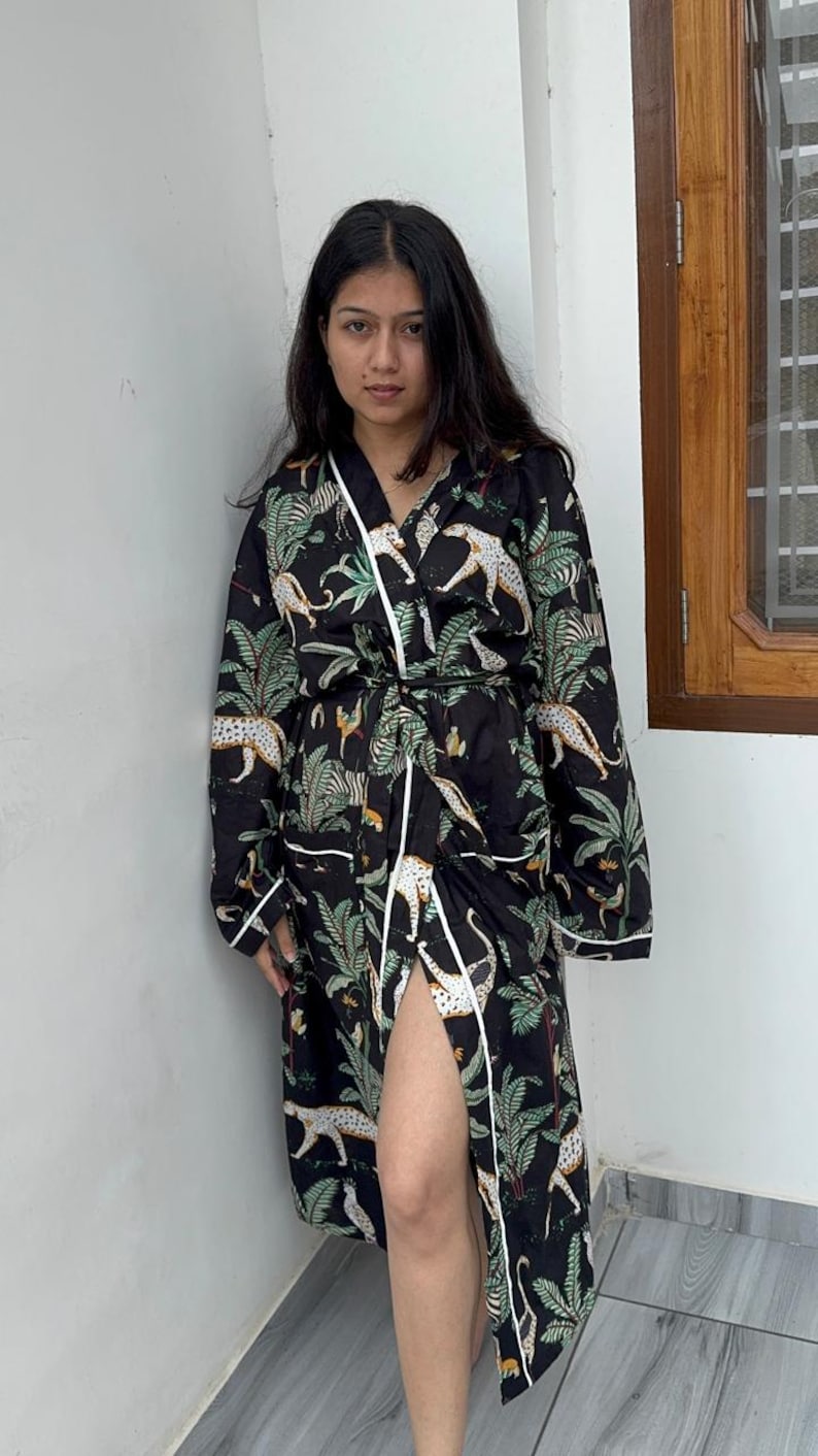 Handmade Women Kimono Boho Bathrobe Dress, Beachwear Comfy Tiger Print Robes pattern 02