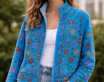 Boho Embroidery floral Jackets Velvet inner Cotton Bohemian Style Winter Coat Street wear Bomber Boho Reversible Jacket for Women fashion