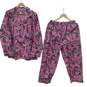 Indian Handmade Cotton Pajamas Set, Printed block print, pj Set, Sleepwear, nightwear, long pajama set, 2 pc bridesmaids pj set gift