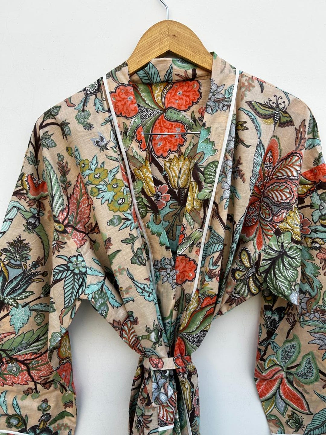 Floral Kimono Robe for Women – Handmade Cotton Lounge Robe, Boho ...