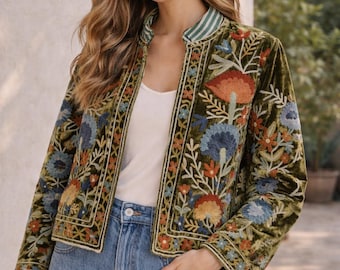 Embroidered Velvet Jacket Women, Boho Floral Cropped Outerwear, Vintage Style Coat