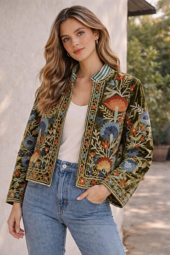 Embroidered Velvet Jacket Women, Boho Floral Cropped Outerwear, Vintage Style Coat