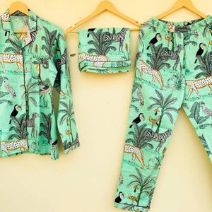 3 pc Indian Handmade 100% Cotton Pajama Set Night Wear, Soft Cotton Night Suit-Pure Cotton Pj's, block Print Pajamas, Pajamas Set