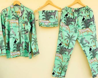 3 pc Indian Handmade 100% Cotton Pajama Set Night Wear, Soft Cotton Night Suit-Pure Cotton Pj's, block Print Pajamas, Pajamas Set