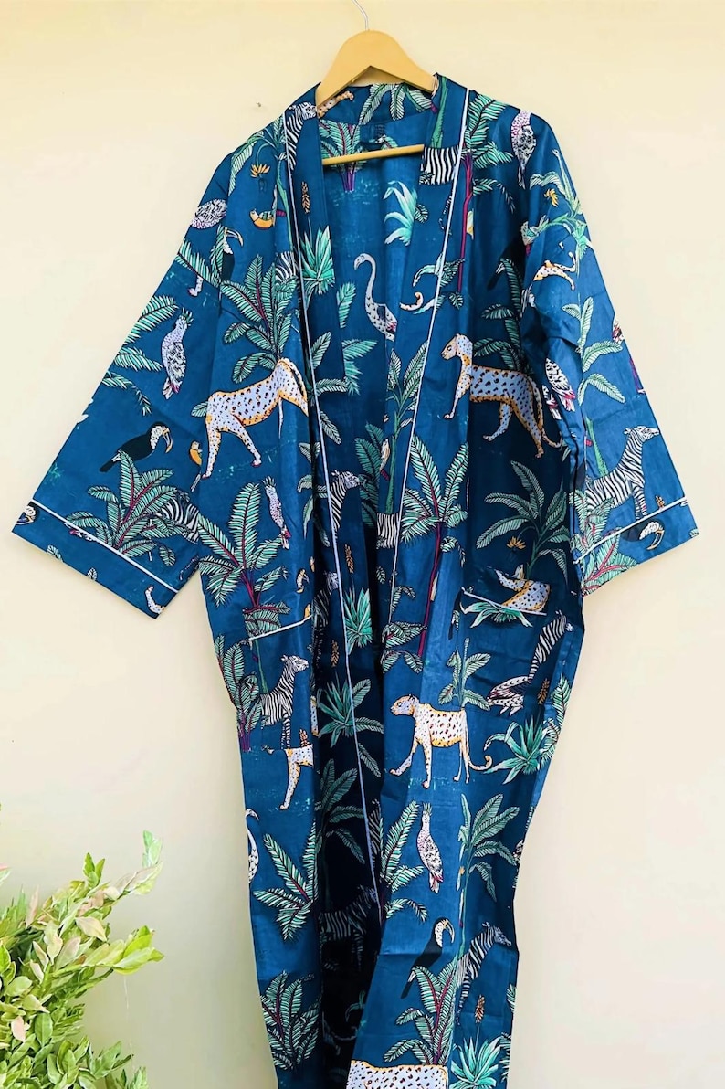 Handmade Women Kimono Boho Bathrobe Dress, Beachwear Comfy Tiger Print Robes pattern 08