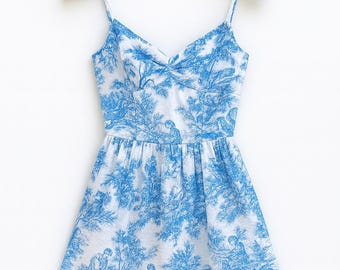 Blue Toile Print Sundress Vintage Inspired Summer Mini Dress, Sleeveless A-Line Dress with Spaghetti Straps Lightweight Cotton Casual Outfit