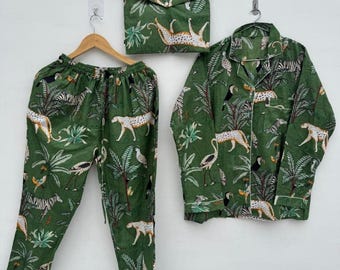 Green Nightwear Cotton Pyjamas set, Handmade 3 Pc Red animal Print Pjs