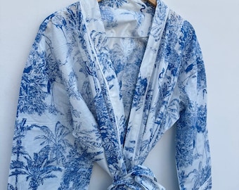 Indian White & Blue Bathrobes, Bridemaids Gift Kimono, Handmade Beach Wear Dress