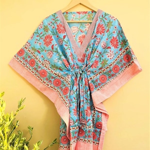 India Flower Printed 100% Cotton Kaftan, Cotton Kaftan, Free Size kaftan, Long Cotton Kaftan, Soft Cotton Kaftan, Green Kaftan Dress