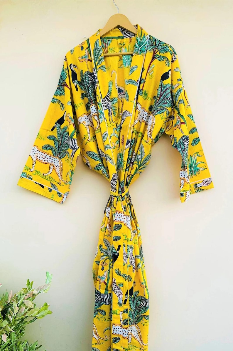 Handmade Women Kimono Boho Bathrobe Dress, Beachwear Comfy Tiger Print Robes pattern 10