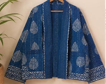 Indigo Block Print Kantha Jacket for Women | Handmade Quilted Cotton Jacket | Boho Kimono Cardigan | Sustainable Artisan Outerwear