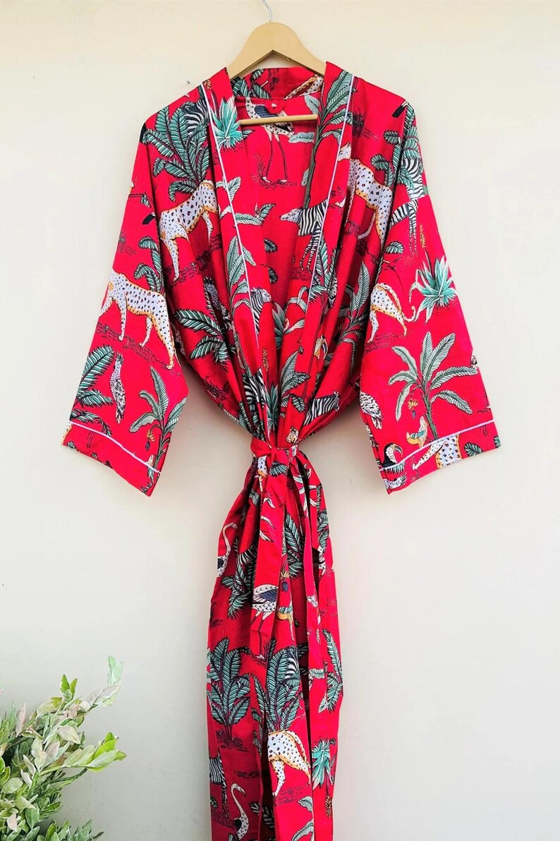 Handmade Women Kimono Boho Bathrobe Dress, Beachwear Comfy Tiger Print Robes pattern 09