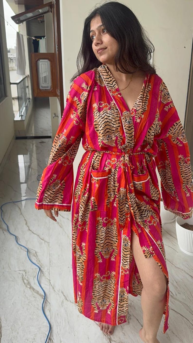 Handmade Women Kimono Boho Bathrobe Dress, Beachwear Comfy Tiger Print Robes image 1