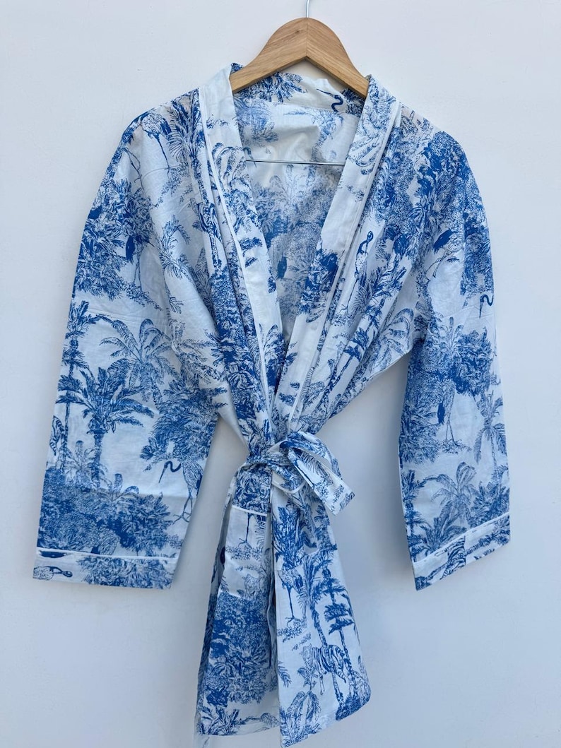 Handmade Women Kimono Boho Bathrobe Dress, Beachwear Comfy Tiger Print Robes pattern 04