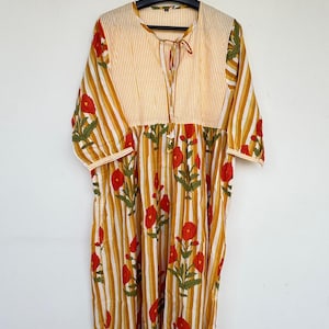 Floral Hand Block Print Cotton Midi Dress - Deep Neck Summer Dress