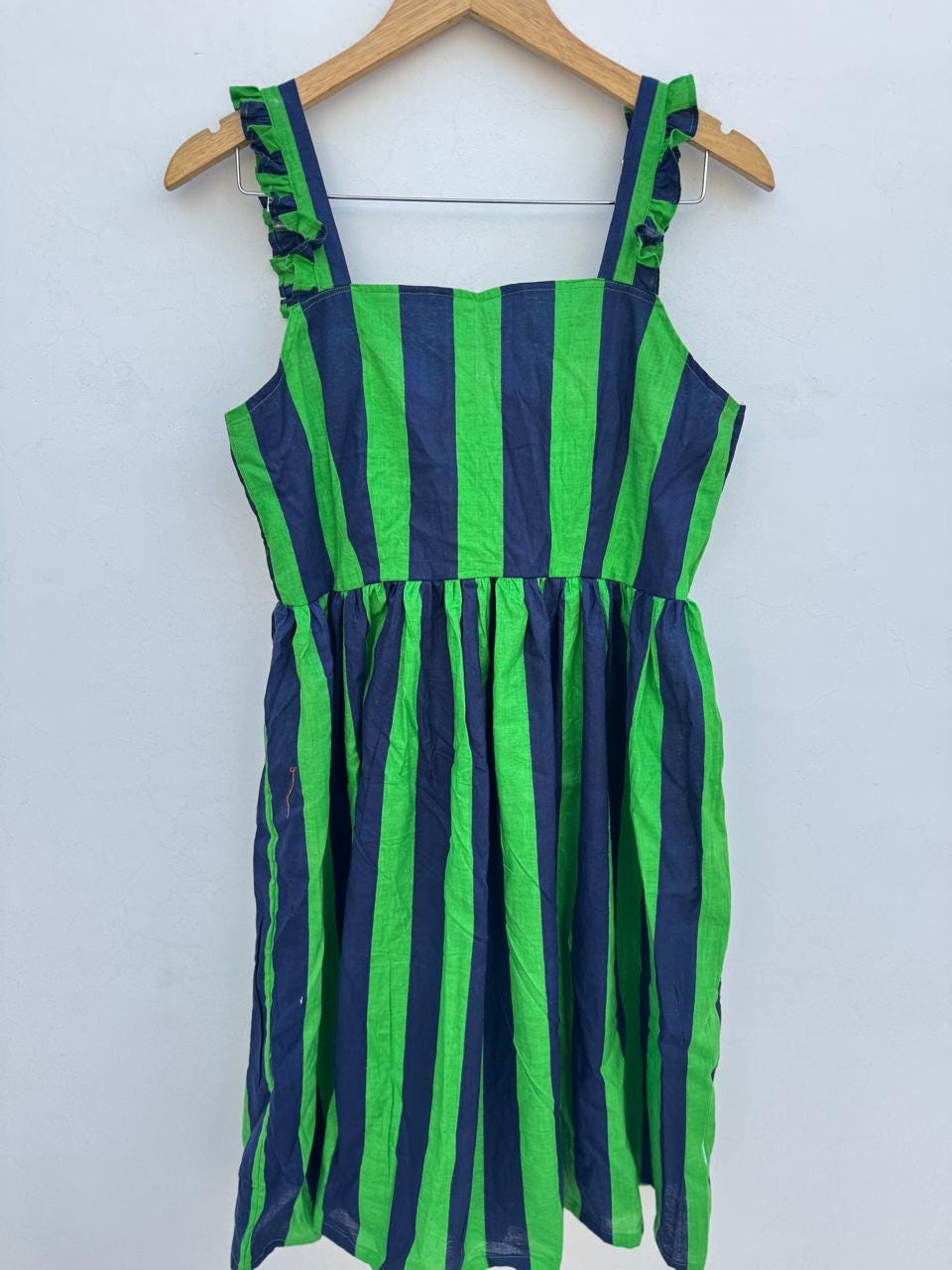Green and Navy Striped Sundress  Sleeveless Ruffle Strap Summer Dress,  Casual A-line Midi Dress, Lightweight Cotton Striped Outfit - Etsy Israel